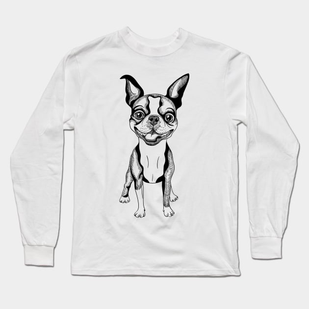 black and white Smiling dog Boston Terrier Long Sleeve T-Shirt by kavalenkava